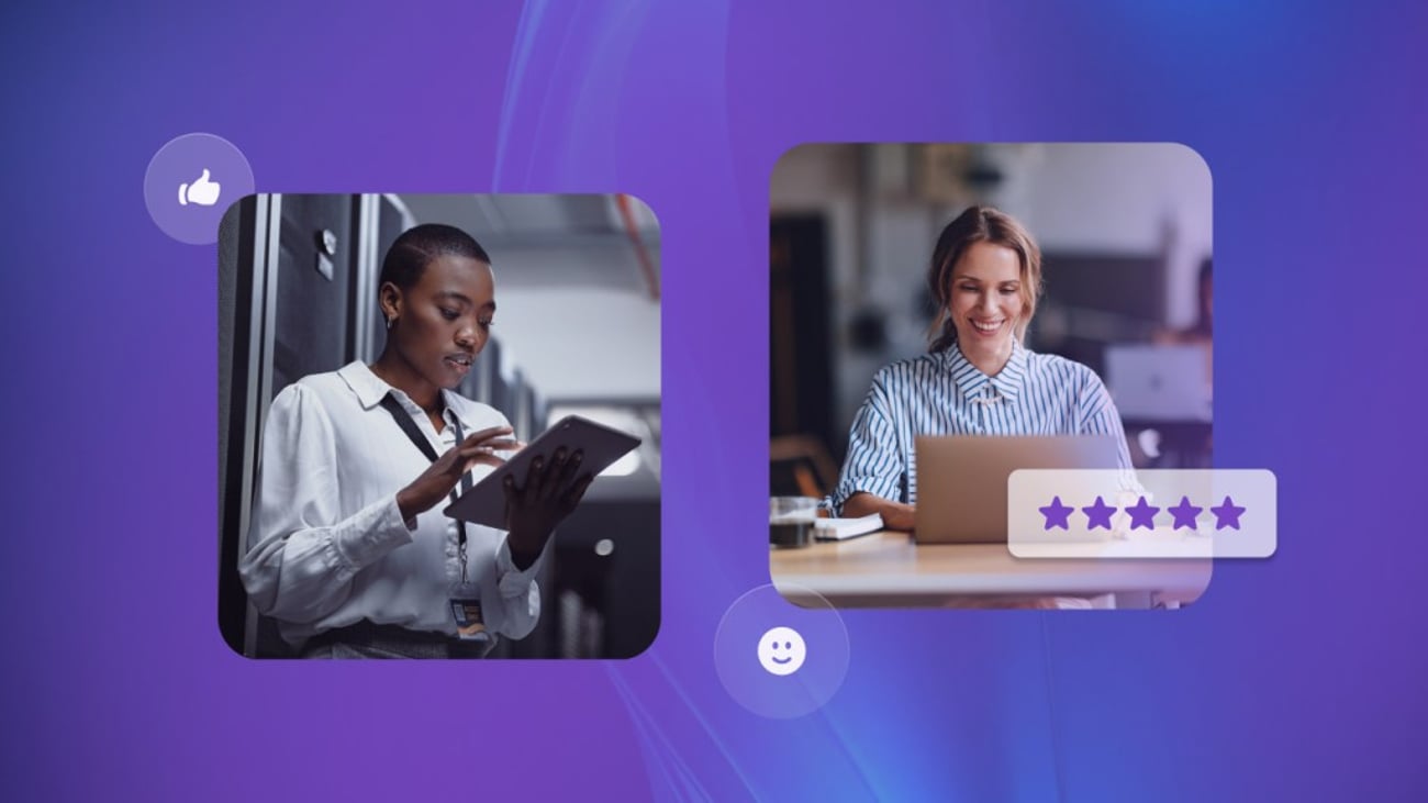 Two IT team members working on devices with a bright purple background