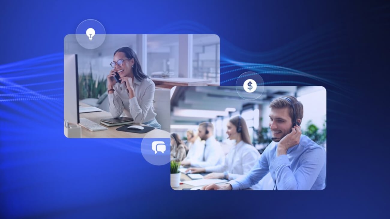 Two smiling agents on calls in a sales call center with abstract blue background.