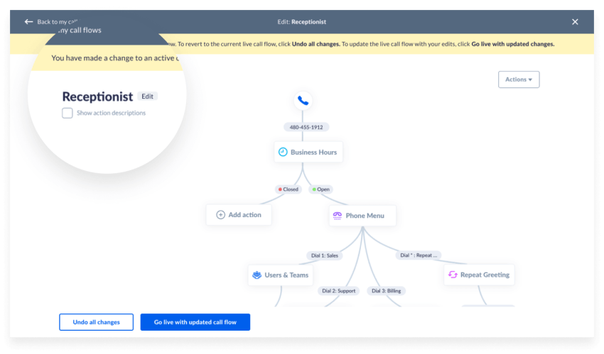 Screenshot of changing call flows in Nextiva