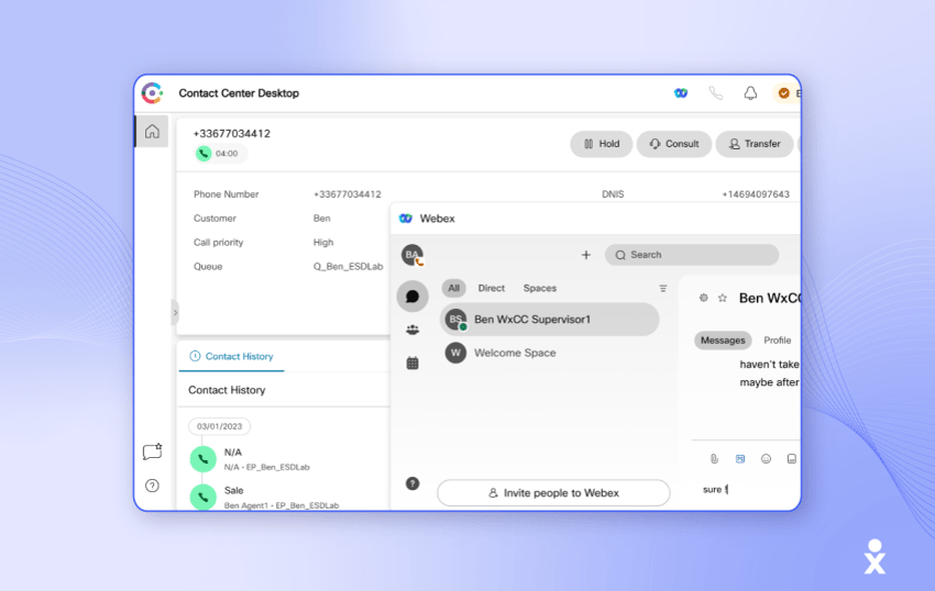 The Cisco Contact Center (Webex) user interface.