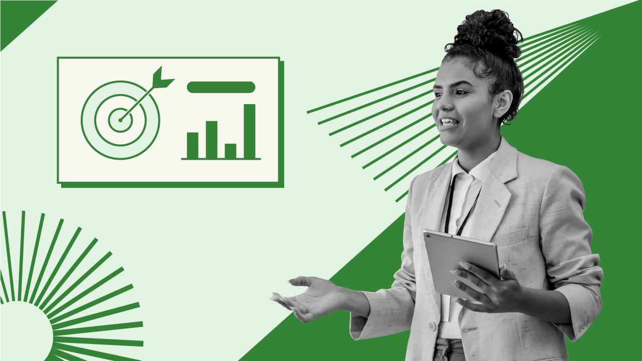 A woman holds a tablet while explaining customer service metrics.