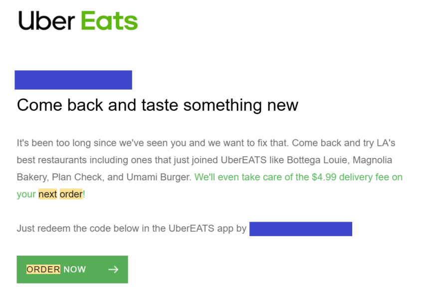 Uber Eats reactivation email example