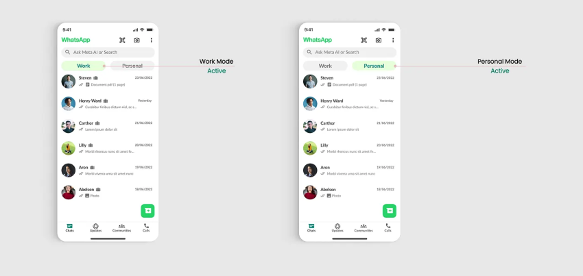 Screenshot of WhatsApp inbox for work next to a WhatsApp inbox for personal 
