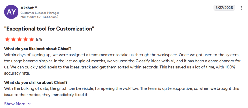 5-star G2 review of Chisel