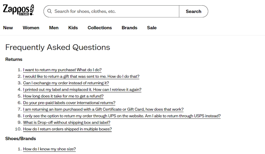 Zappos FAQs page